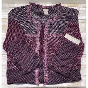 Chico's Purple Knit Fringe Trim Open Front Cardigan Sweater Womens Size 2(US 12)